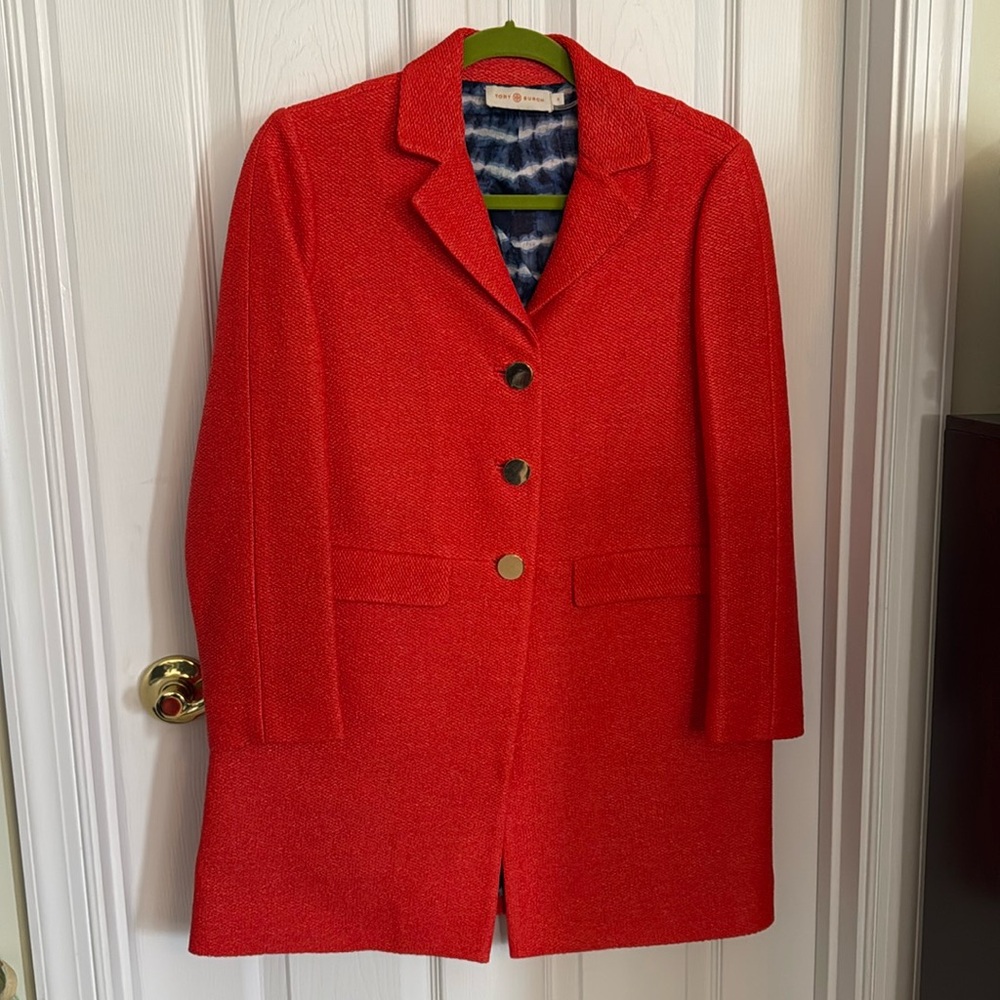 Tory Burch Size Small Red Orange Raffia Like Jacket